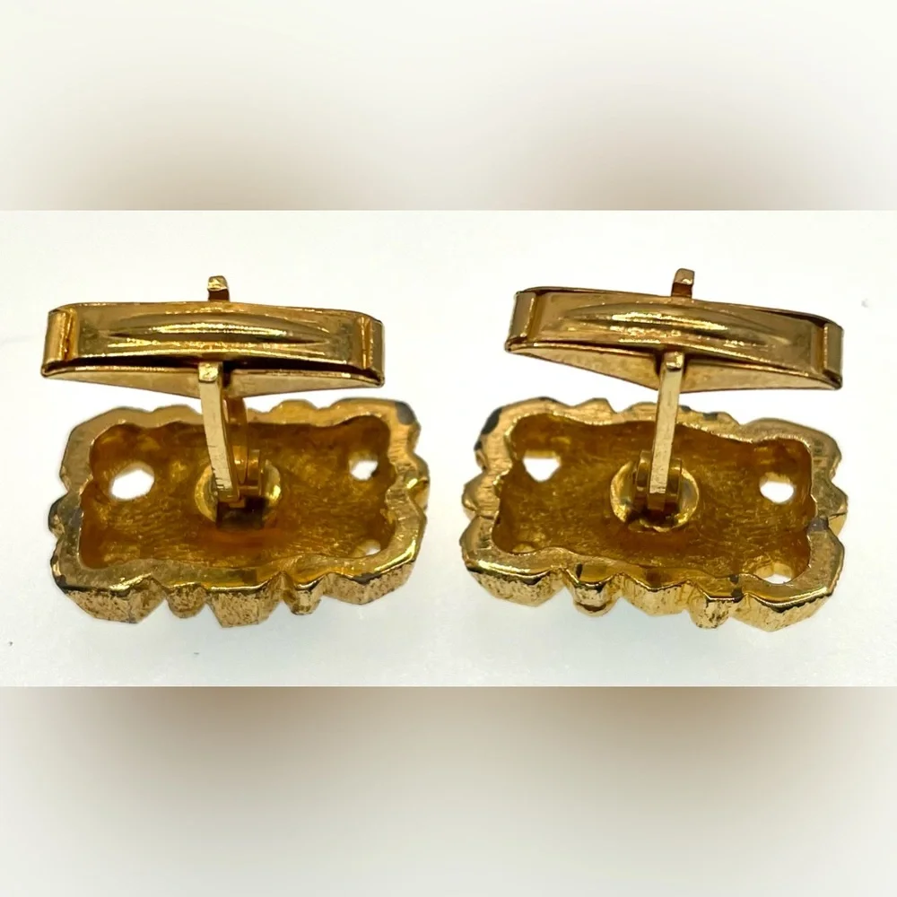 Vintage Gold Tone Rectangular Open Work Cufflinks with Green Oval Gem Center